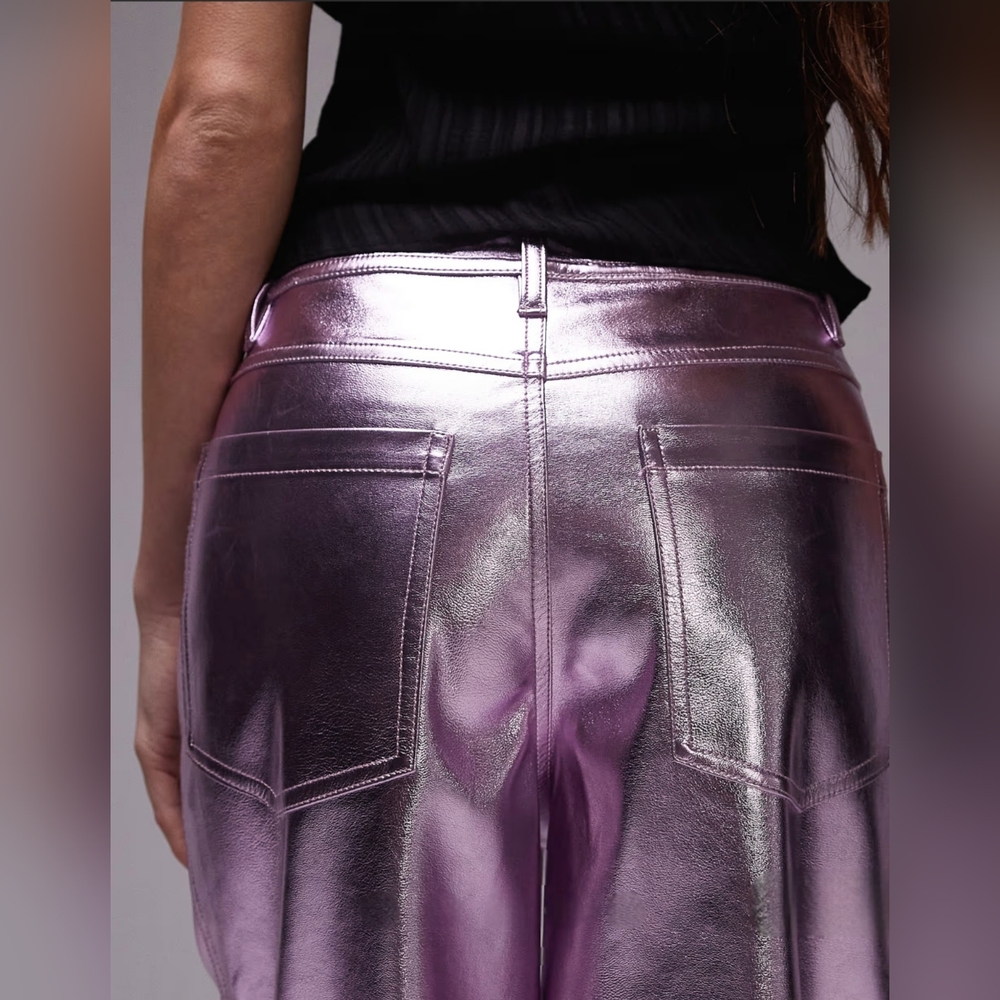 Topshop straight leg faux leather pants in metallic pink Sz 8 NWOT - Picture 3 of 12